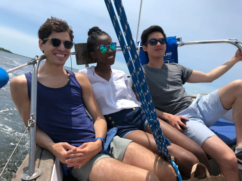 Research Assistants Timothy Aballo and Theresa Mensah join PhD student Xien Chua for a day on the water. Excellent crew chemistry, no pipettes required.