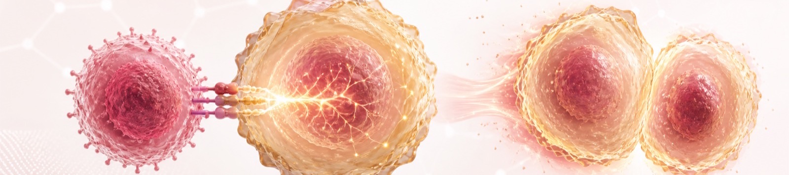Conceptual illustration of an engineered immune cell contacting a target cell, activating a molecular network inside it, followed by target-cell multiplication.